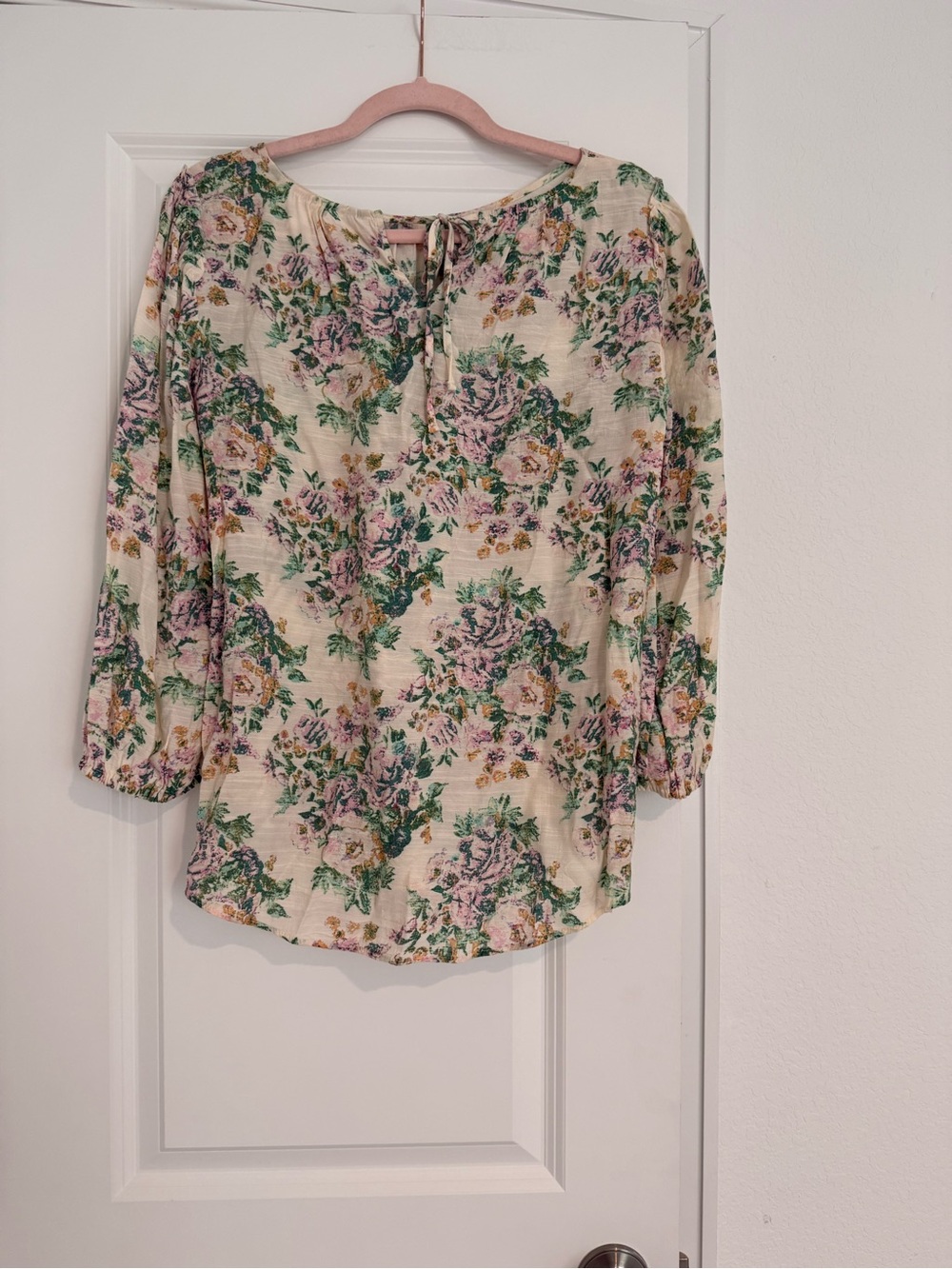 Cream Floral Tie-Neck Peasant Blouse - Women